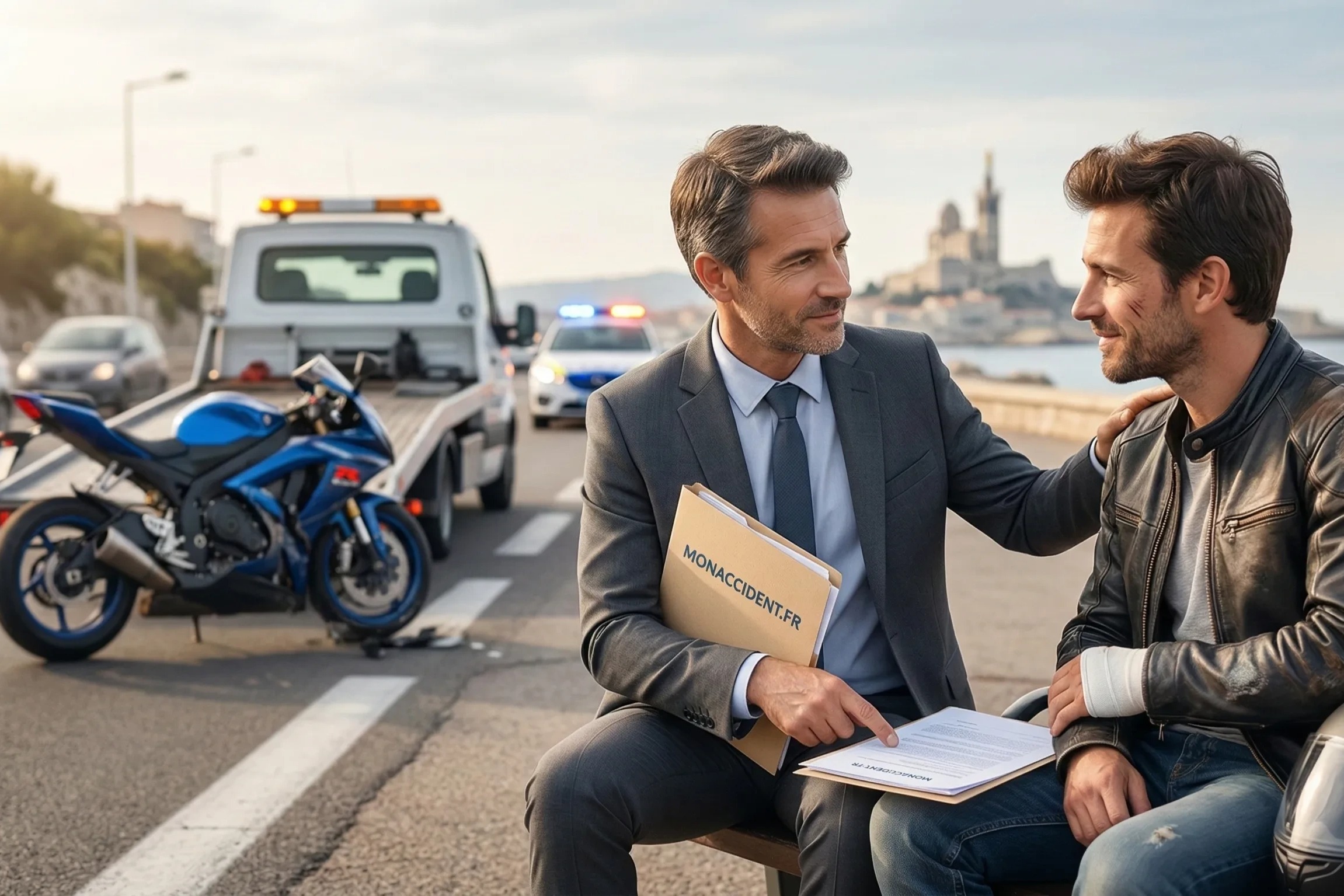 un expert rassurant et professionnel de monaccident.fr, reconnaissable par son dossier, assiste un motard après un accident sur la route.