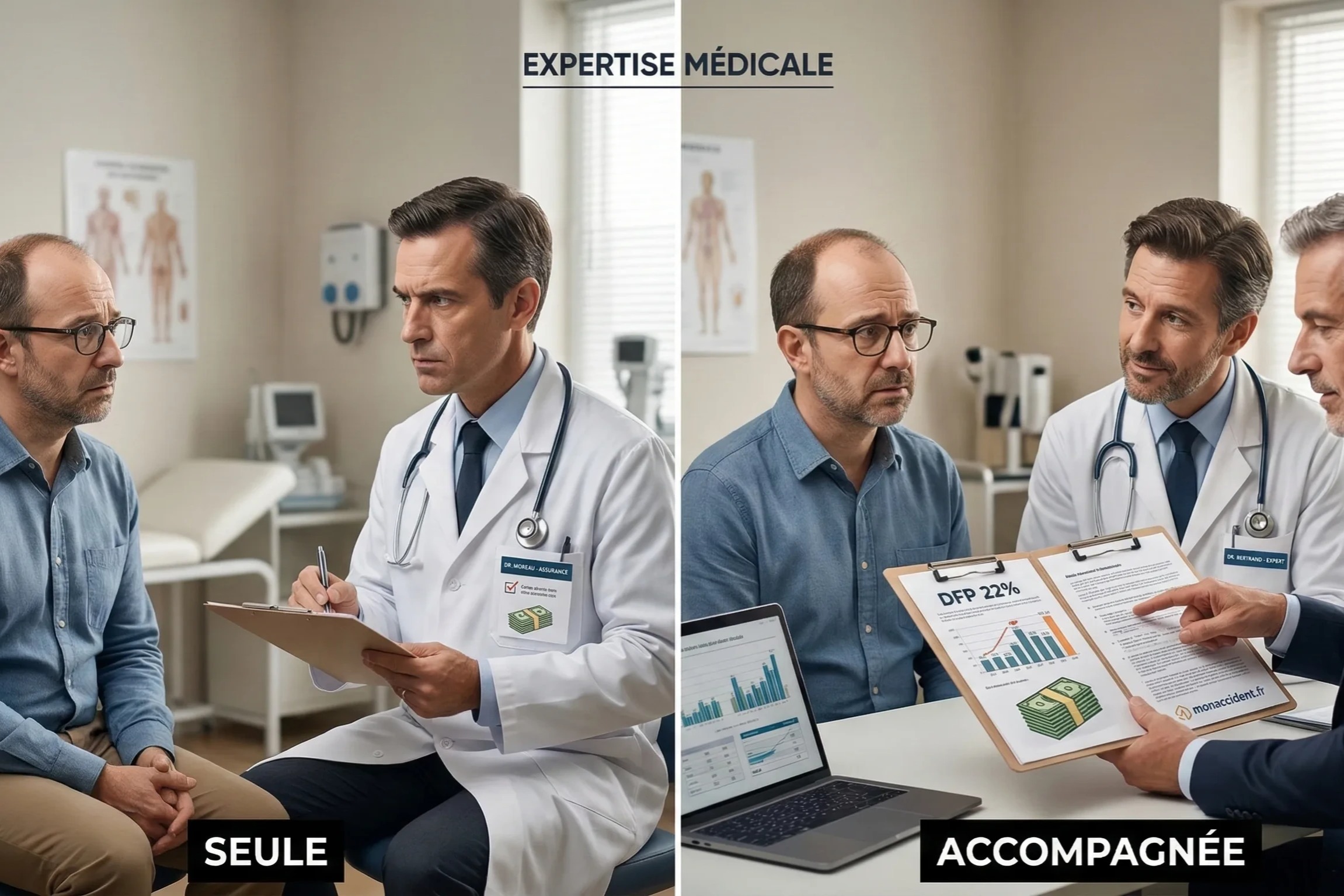 victime est assistée par un médecin conseil de monaccident.fr, reconnaissable à son dossier, qui présente des arguments tangibles et des graphiques à