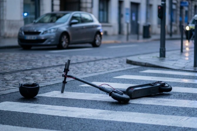 Trottinette électrique accidentée au sol après une collision urbaine