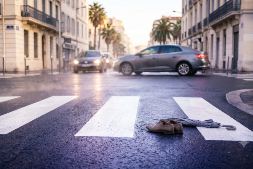 Passage piéton désert au petit matin avec chaussures et parapluie posés au sol — illustration de l'indemnisation d'un piéton renversé.