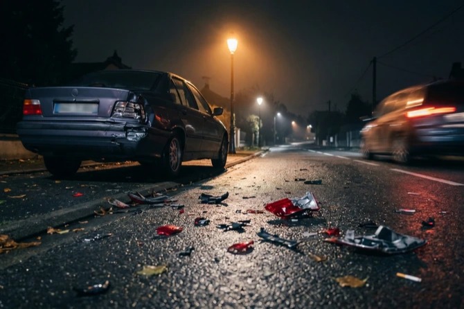 Voiture endommagée après un délit de fuite, victime en attente des secours